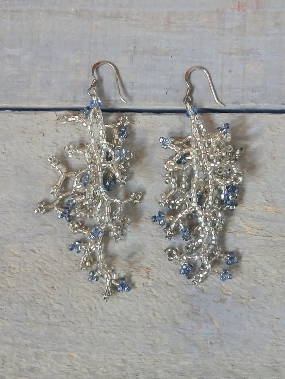 Handmade Seed Bead Clear & Ice Blue Dangle Earrings Sterling French Wires